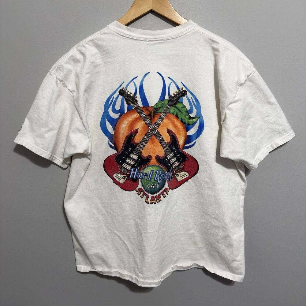 Hard Rock Cafe Atlanta T Shirt Mens XL White Heavy Tee Guitar Peach Graphic